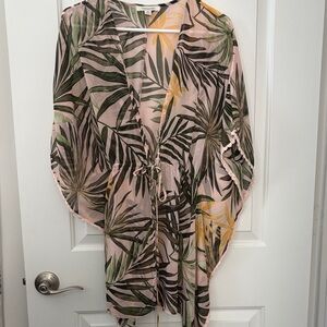 Francesca's Collections Pink and Green Leaf Print Swim Coverup